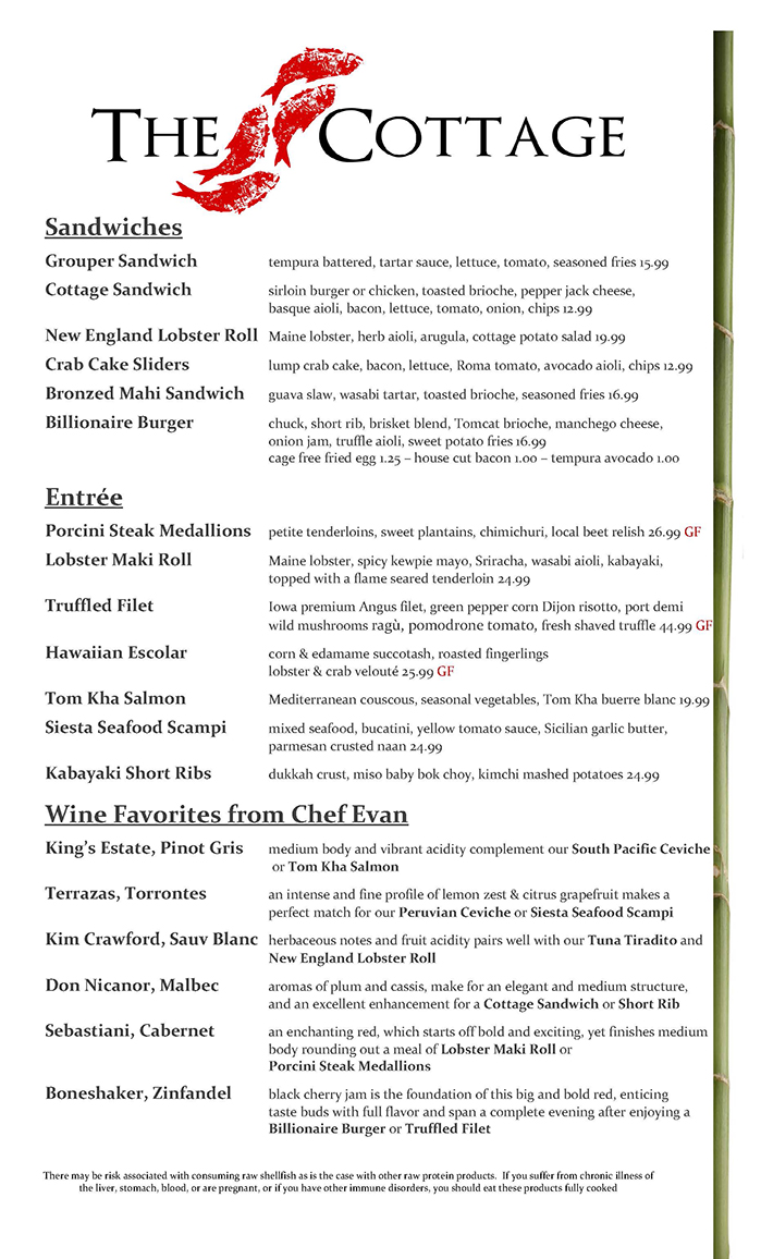 Dinner Menu Page 2 The Cottage Siesta Key